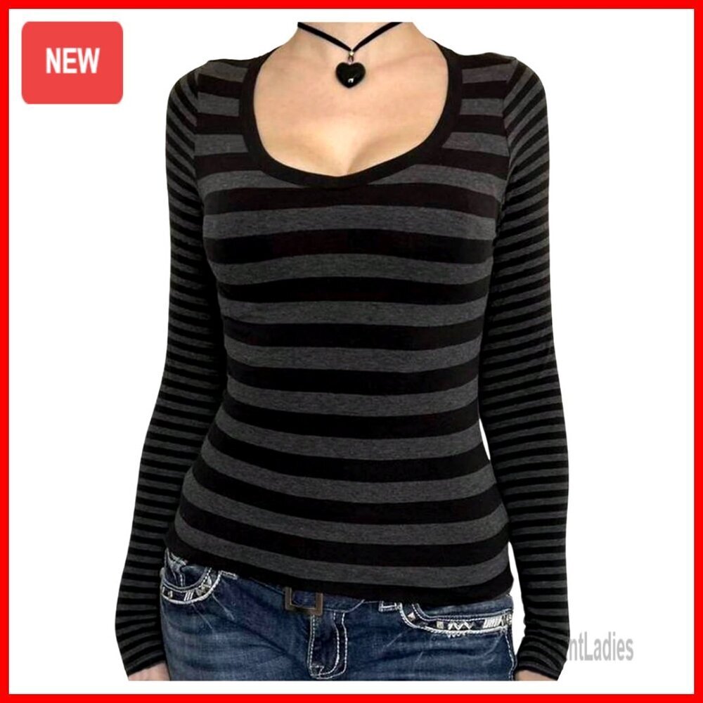 Striped Long Sleeve Scoop Neck Fitted Tee, Soft Stretch Fabric, Y2K Grunge Top